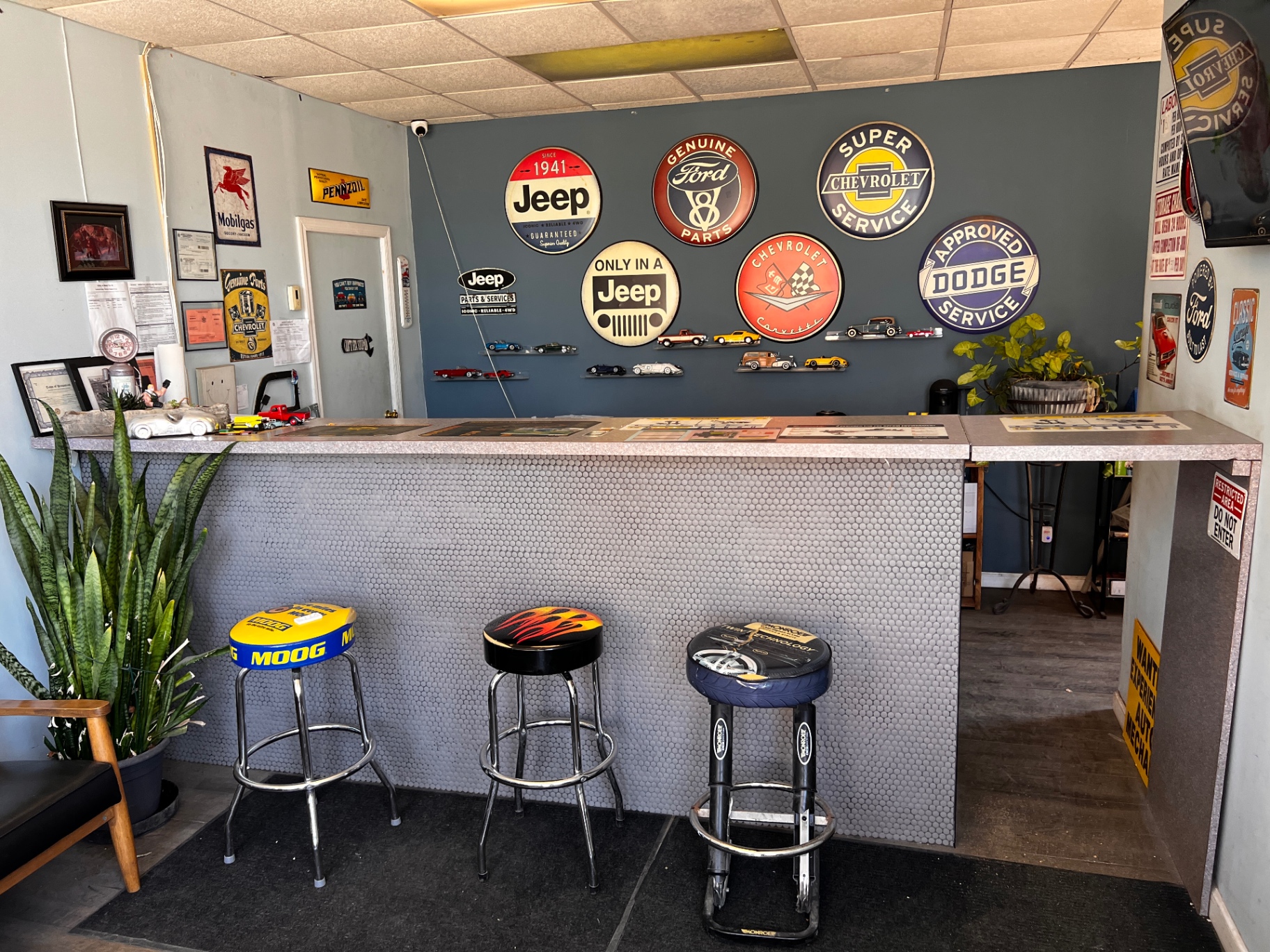 C&N Auto Center front office and counter with vintage automotive signs